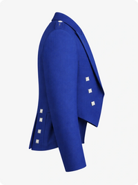 Royal Blue jacket with white button details on a white background