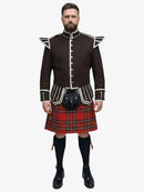 Man wearing a traditional Scottish royal stewart tartan kilt and wear dark brown jacket with a white background