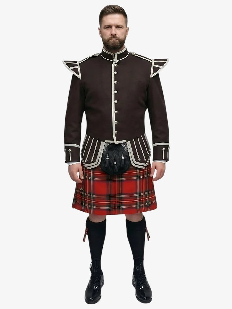 Royal Stewart Tartan Doublet Kilt Outfit with Dark Brown Jacket