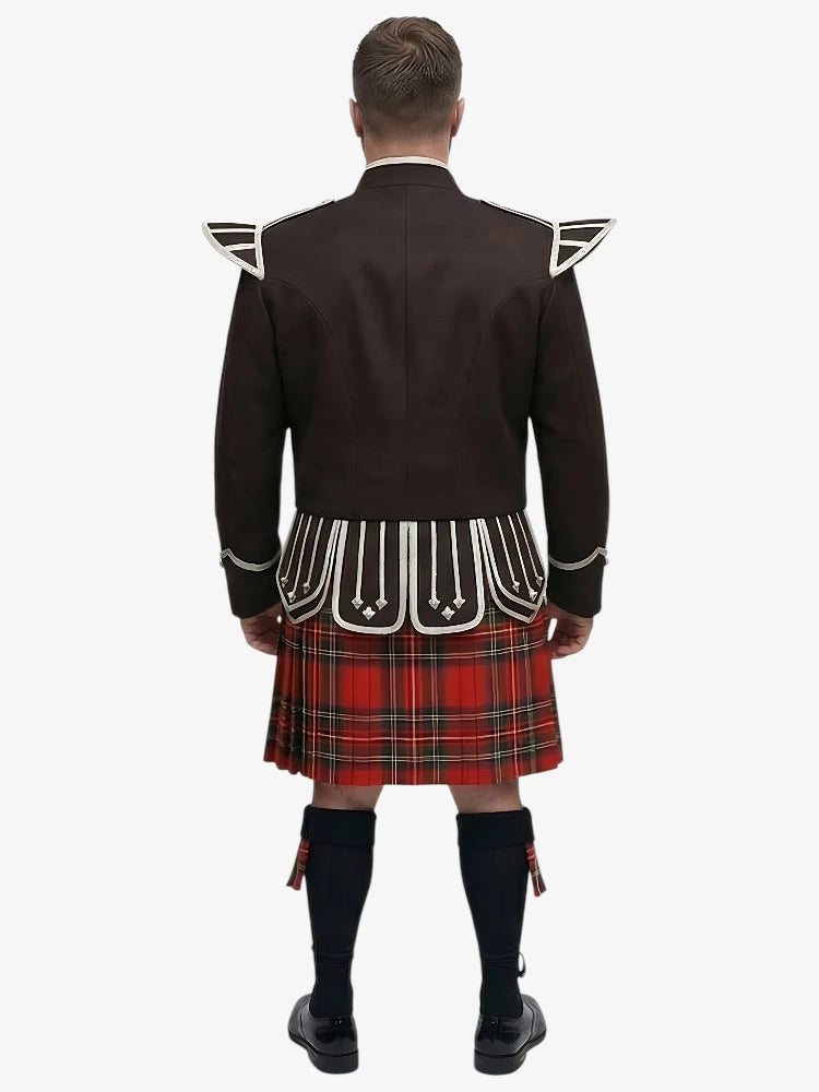 Royal Stewart Tartan Doublet Kilt Outfit with Dark Brown Jacket