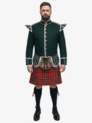 Man wearing a dark green jacket with white accents and a royal stewart tartan kilt on a white background