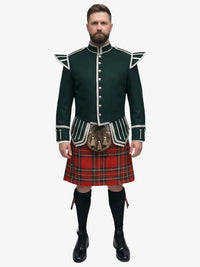 Man wearing a dark green jacket with white accents and a royal stewart tartan kilt on a white background