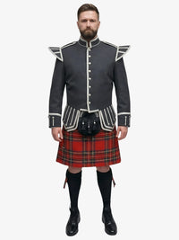 Man wearing a dark gray jacket with white accents and a royal stewart tartan kilt on a white background
