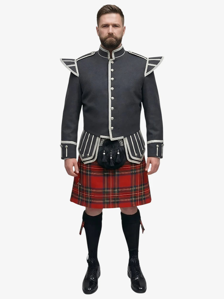 Royal Stewart Tartan Doublet Kilt Outfit with Dark Grey Jacket