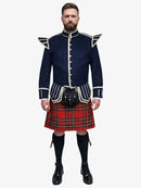 Man wearing a navy doublet jacket with white trim and a royal stewart tartan kilt on a white background