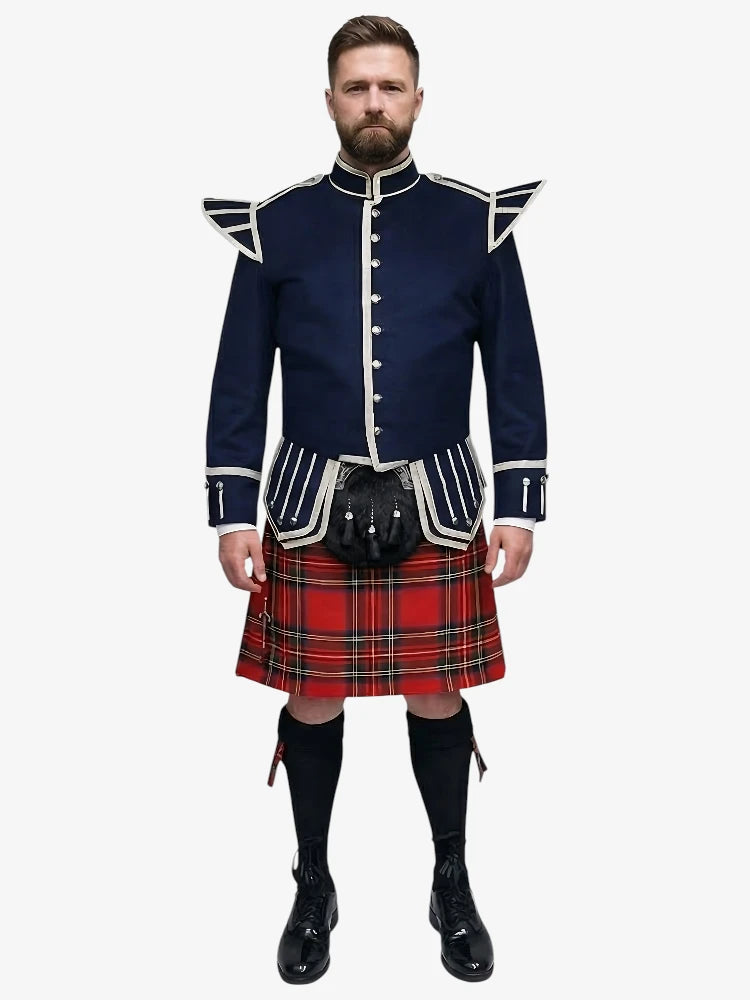 Royal Stewart Tartan Doublet Kilt Outfit with Navy Blue Jacket