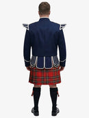 Person wearing a traditional Scottish royal stewart tartan kilt with a navy jacket on a white background