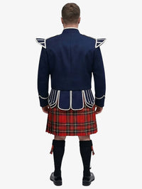 Person wearing a traditional Scottish royal stewart tartan kilt with a navy jacket on a white background