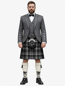 Man wearing a gray suit with a kilt on a white background