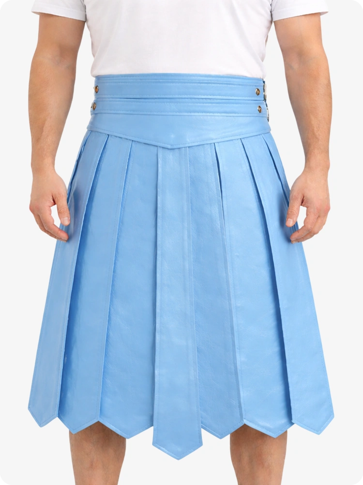 Sky Blue Leather Highland Kilt Adjustable Buckle Waist & Classic Pleats