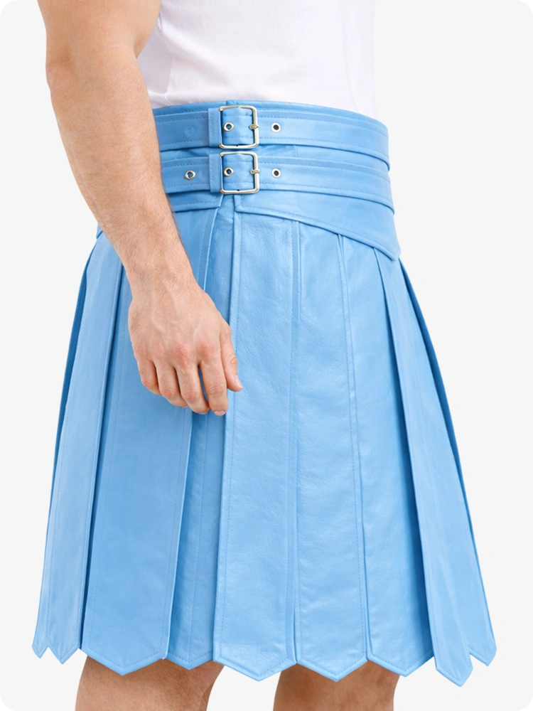 Sky Blue Leather Highland Kilt Adjustable Buckle Waist & Classic Pleats