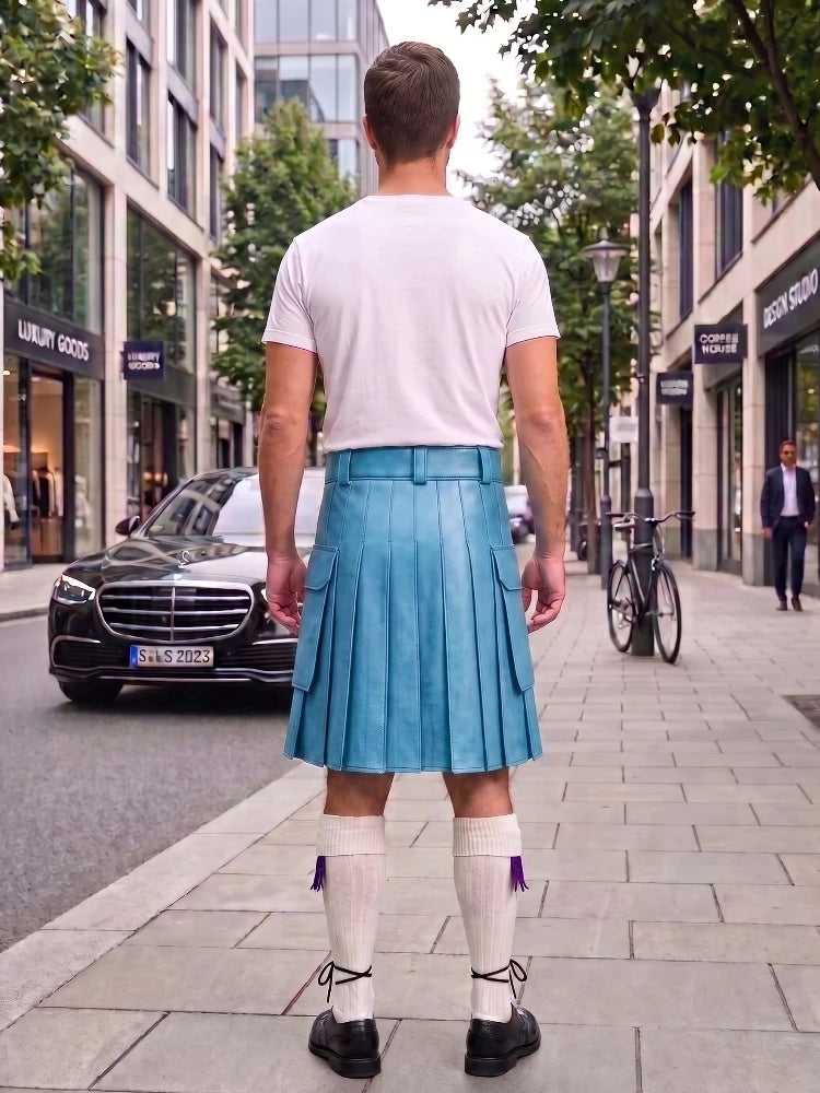A man standing on a city sidewalk, viewed from behind, wearing a white t-shirt, a bright blue pleated kilt, white knee-high socks, and black shoes. Buildings, trees, a black Mercedes, and a bicycle are visible in the background.