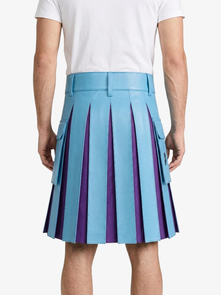 Sky Blue Leather Kilt With Purple Pleat Back