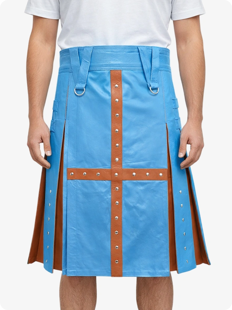 Sky Blue Leather Utility Kilt with Brown Cross Panel & Metal Rivet Detailing