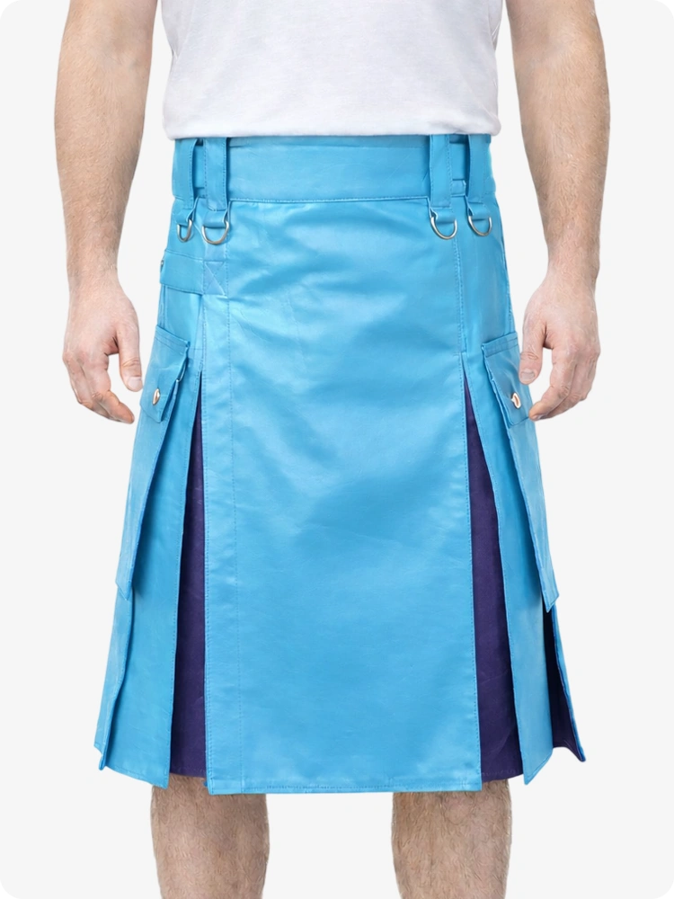 Sky Blue Leather Utility Kilt with Purple Pleats, Side Pockets & D-Ring Hardware