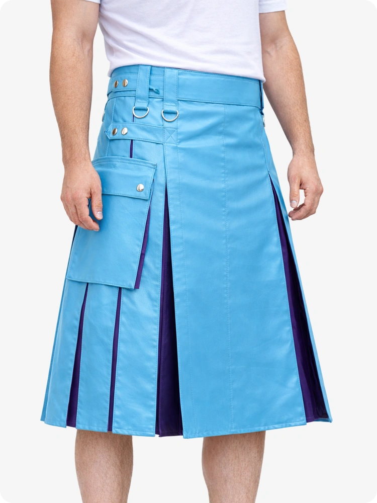 Sky Blue Leather Utility Kilt with Purple Pleats, Side Pockets & D-Ring Hardware