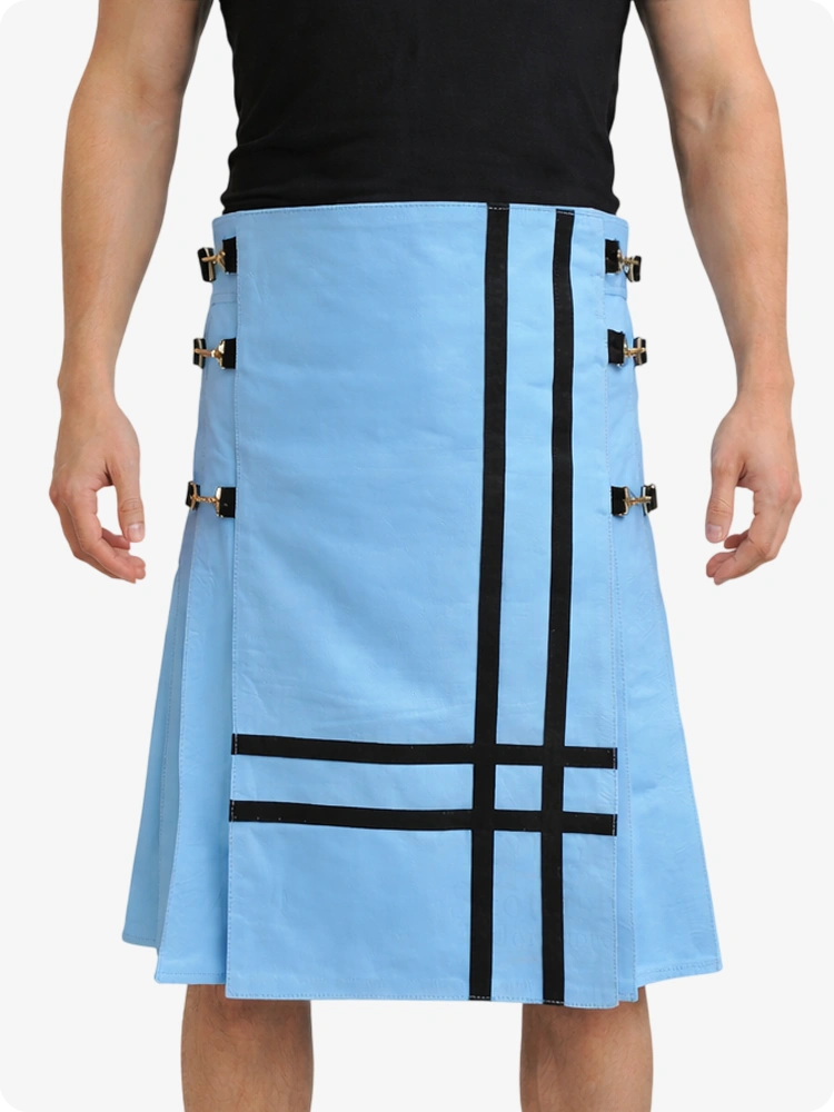 Sky Blue Leather Utility Kilt with Side Buckles & Pleated Back