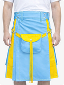 Sky Blue Leather Utility Kilt with Yellow Accents & Detachable Pockets