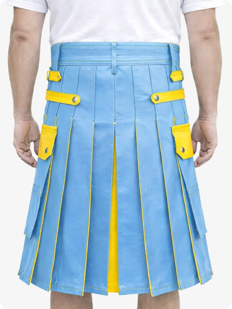 Sky Blue Leather Utility Kilt with Yellow Accents & Detachable Pockets