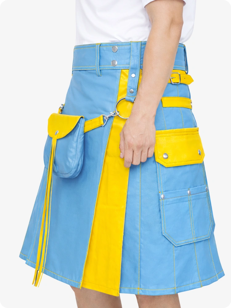 Sky Blue Leather Utility Kilt with Yellow Accents & Detachable Pockets
