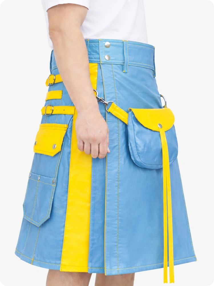 Sky Blue Leather Utility Kilt with Yellow Accents & Detachable Pockets