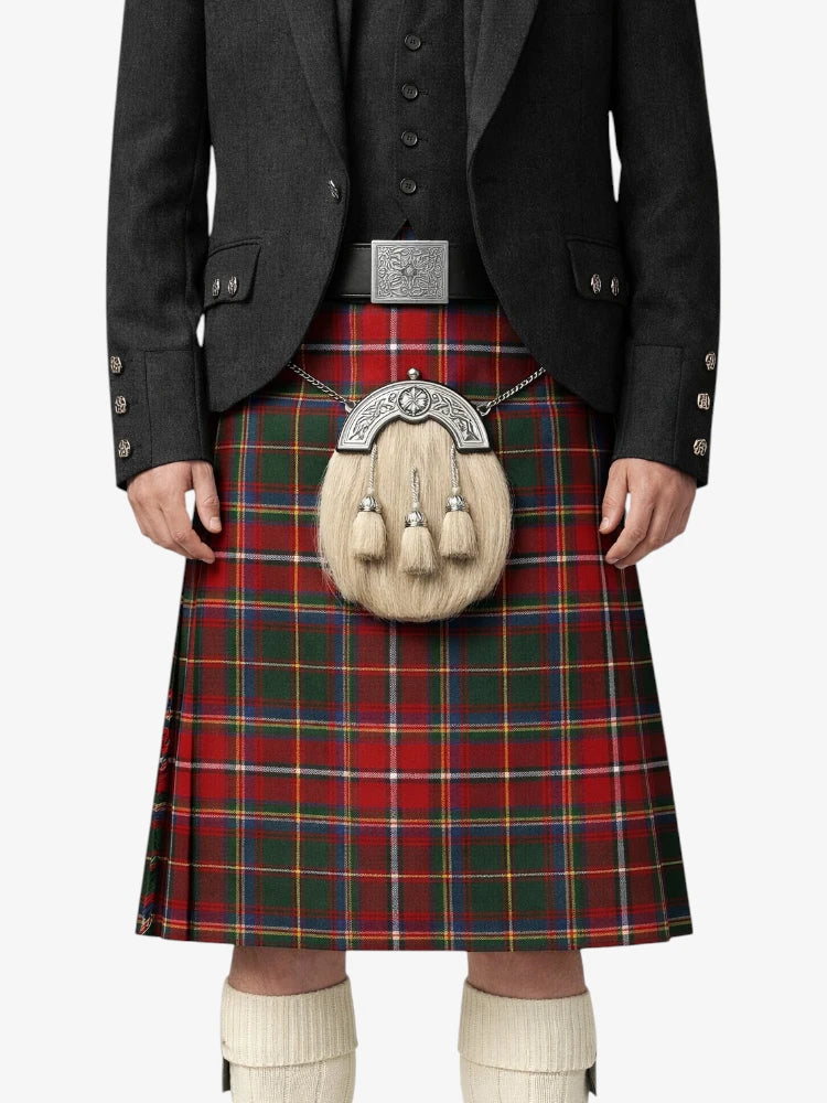 Person wearing a traditional Scottish kilt with a sporran on a white background