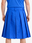Blue pleated skirt worn by a person on a white background