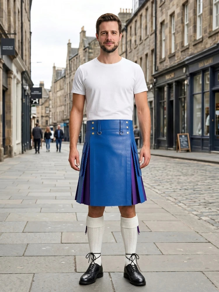 Standard Blue Leather Kilt With Purple Pleats Front