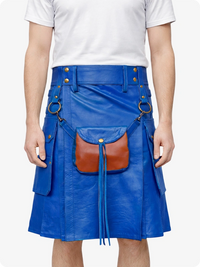 Standard Blue leather kilt with brown leather pocket on a white background
