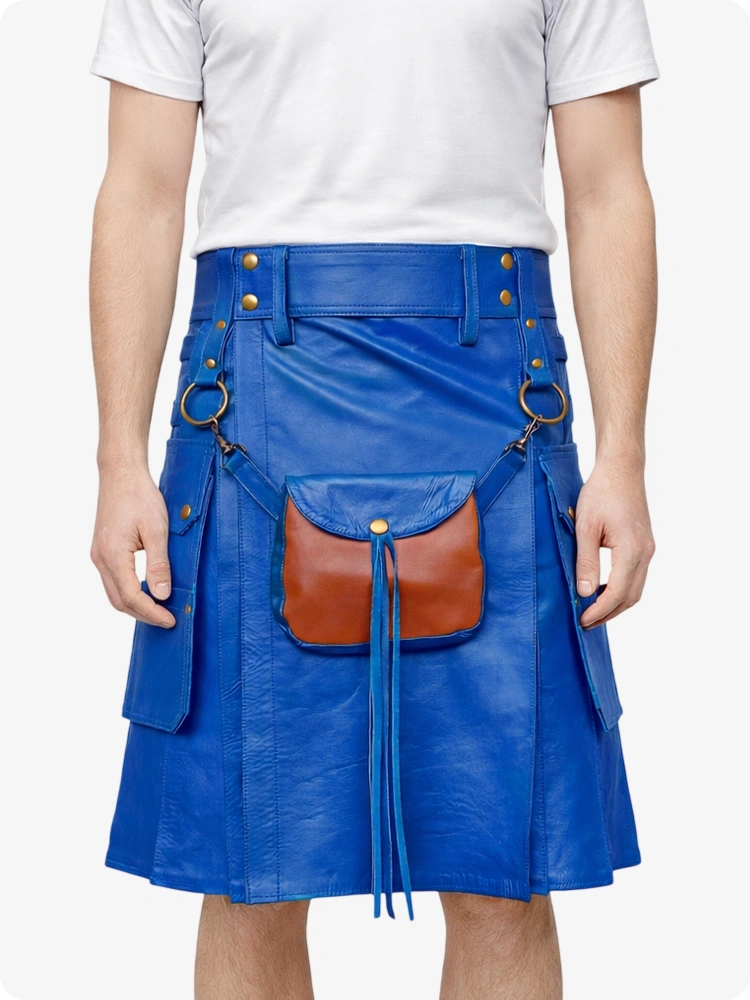 Standard Blue leather kilt with brown leather pocket on a white background