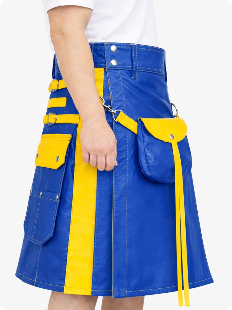 Standard Blue Leather Utility Kilt with Yellow Accents & Detachable Pockets