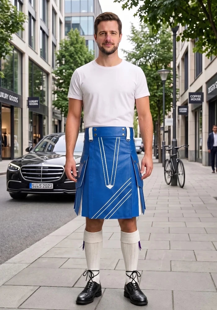 Standard Blue and White Leather Hybrid Utility Kilt front side