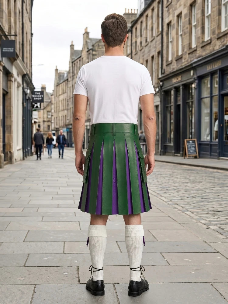 Standard Green Leather Kilt With Purple Pleats Back Side