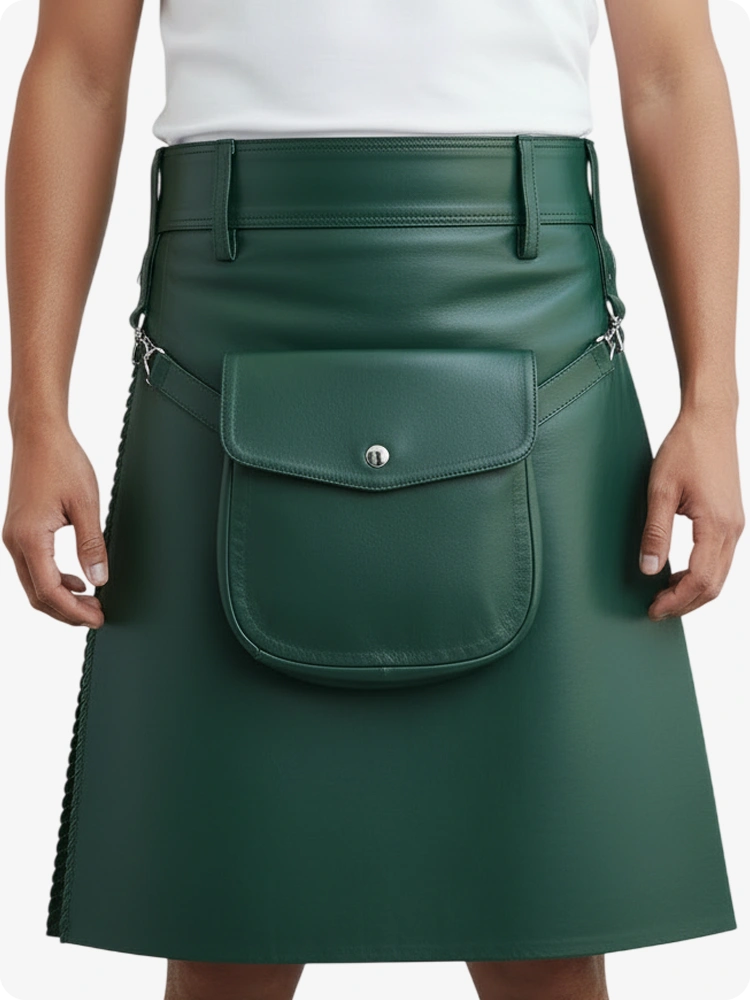 Green leather skirt worn by a person on a white background