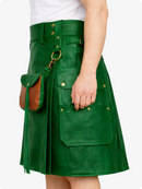 Standard Green leather skirt with gold buttons and a brown leather pocket on a white background