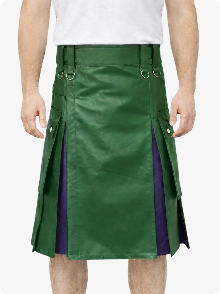 Standard Green Leather Utility Kilt with Purple Pleats, Side Pockets & D-Ring Hardware