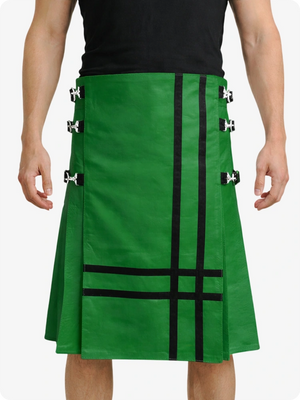 Standard Green Leather Utility Kilt with Side Buckles & Pleated Back