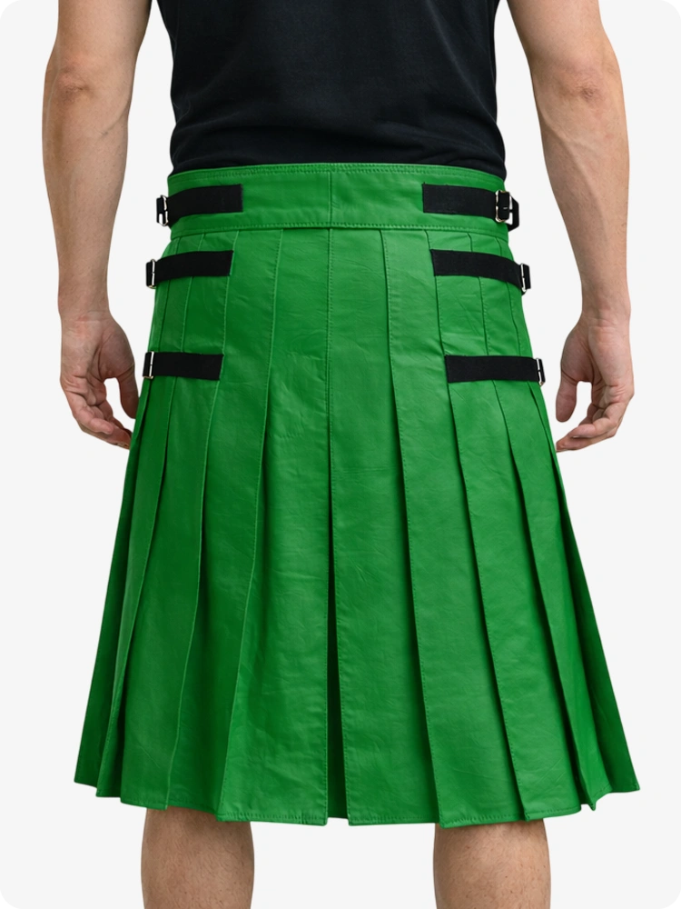 Standard Green pleated kilt with black straps on a white background