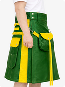 Standard Green Leather Utility Kilt with Yellow Accents & Detachable Pockets