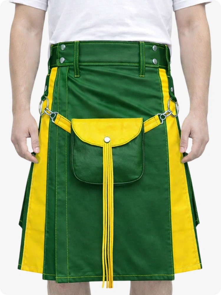 Standard Green Leather Utility Kilt with Yellow Accents & Detachable Pockets