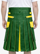 Standard Green kilt with yellow accents worn by a person on a white background
