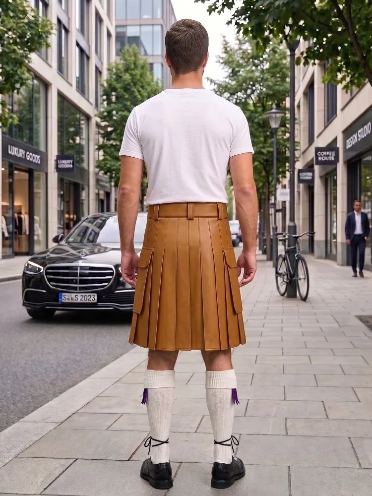 Tan Brown Leather Kilt For Men Tactical Utility Kilts