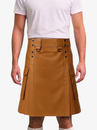 Tan Brown Leather Kilt For Men Tactical Utility Kilts