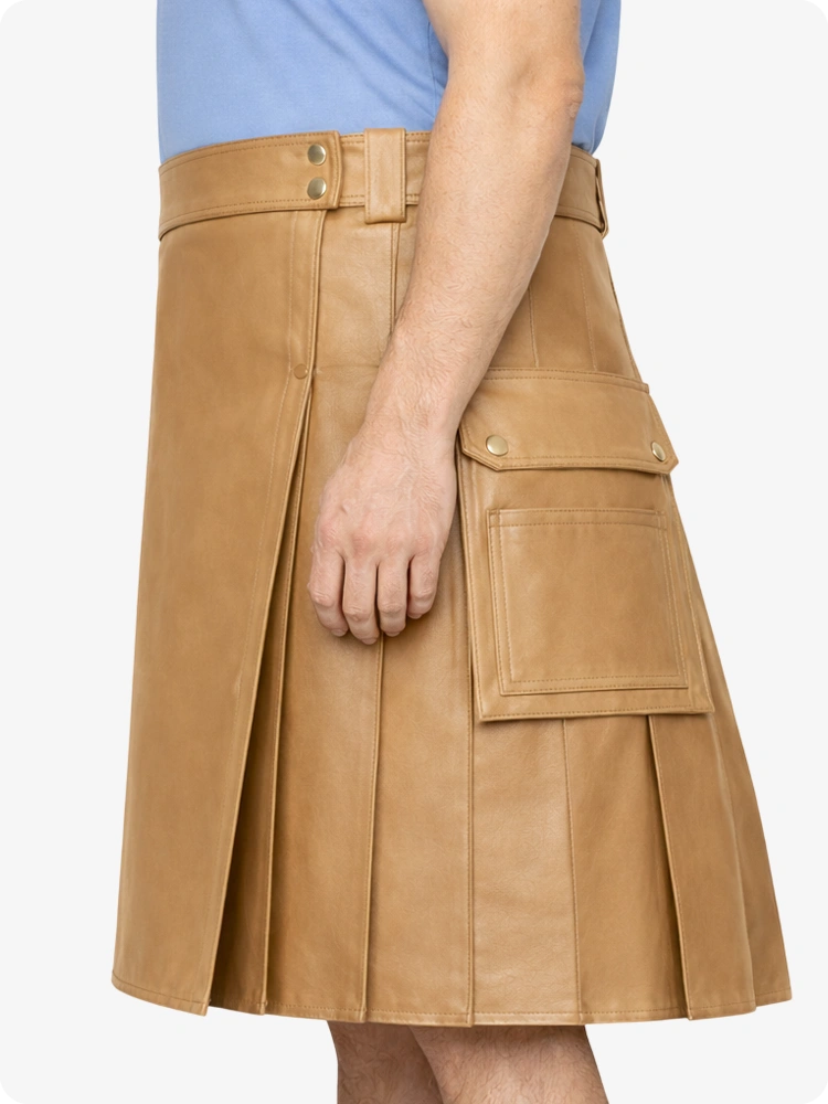 Tan Genuine Leather Utility Kilt with Side Pockets