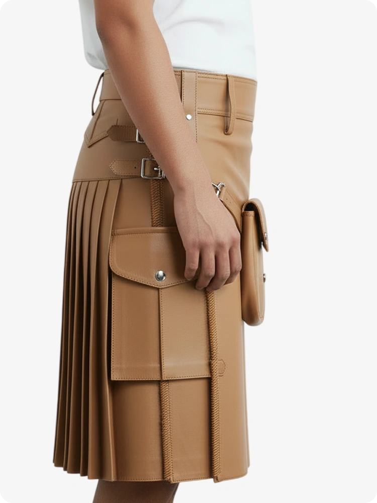 Tan leather skirt with a front pocket on a white background