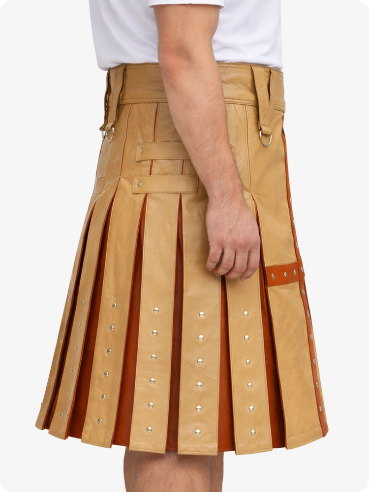 Tan Leather Utility Kilt with Brown Cross Panel & Metal Rivet Detailing
