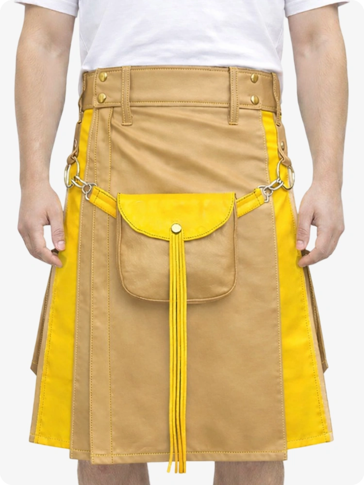 Tan Leather Utility Kilt with Yellow Accents & Detachable Pockets