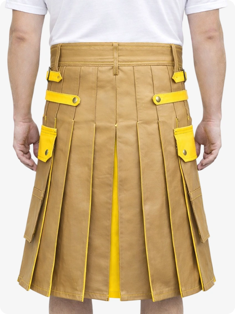 Tan kilt with yellow accents worn by a person on a white background