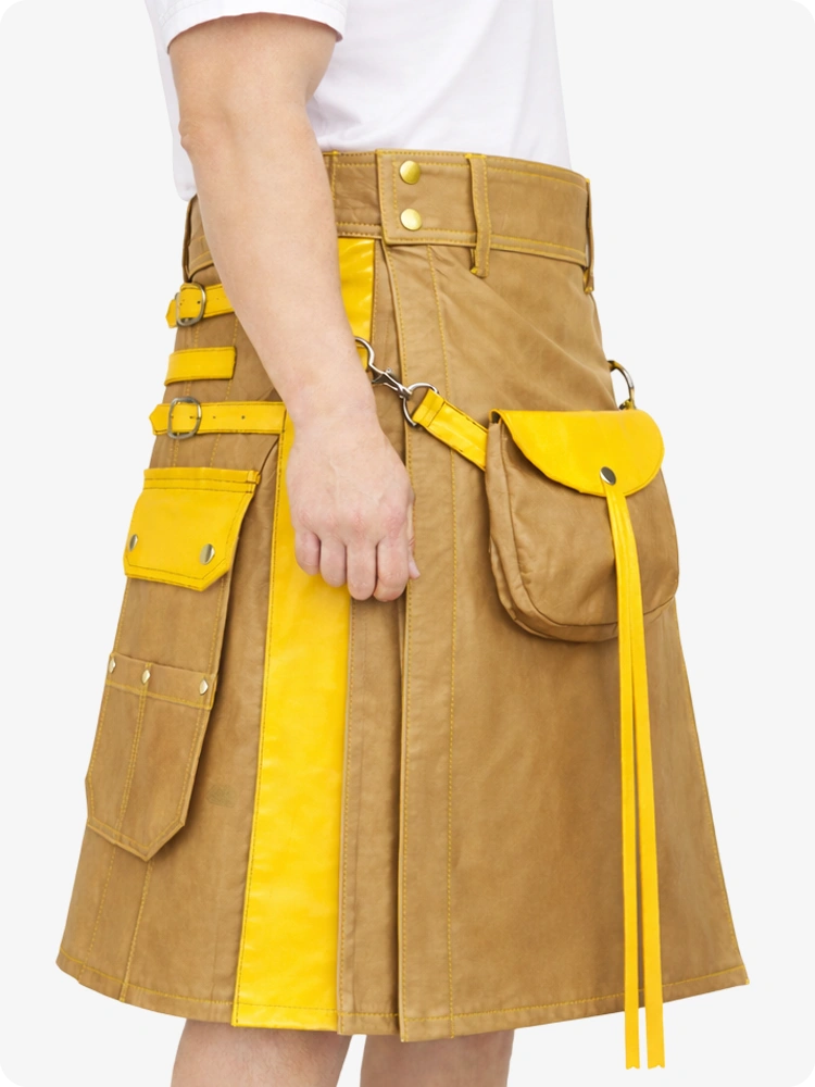 Tan Leather Utility Kilt with Yellow Accents & Detachable Pockets