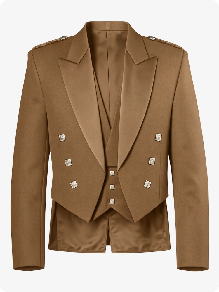 Tan Prince Charlie Kilt Jacket with Satin Lapels & Silver Square Buttons